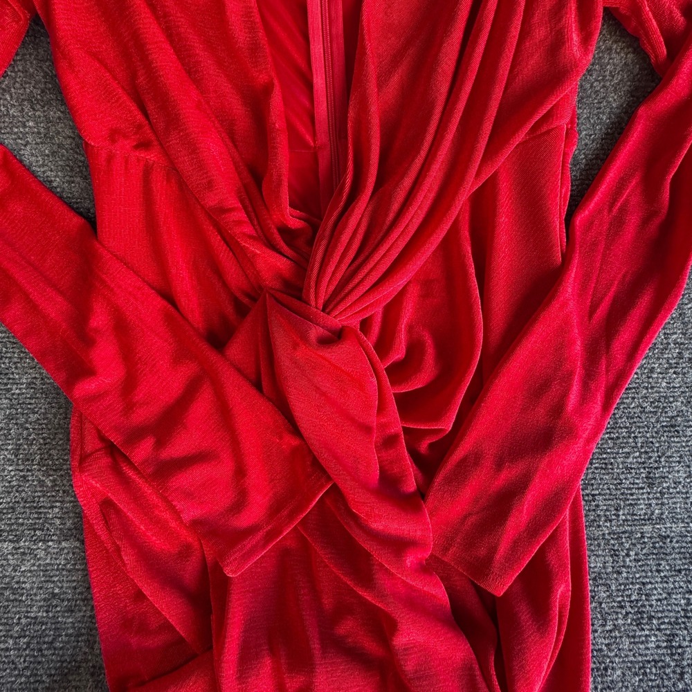 VICI Red Twist Front Deep V-Neck Long Sleeve Maxi Dress Shimmer Formal Gown M - Picture 4 of 7